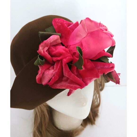 Lylia Giraldo Chocolate Brown Felt Wool Cloche Hot Pink Flower M/L main image 5